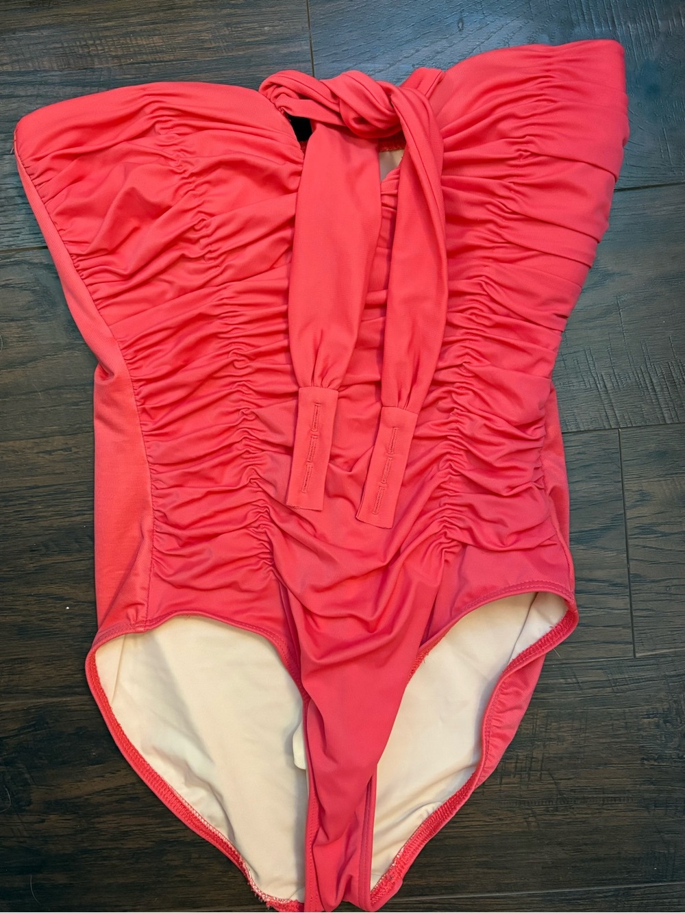 Ruched Coral One-Piece Swimsuit with Tie Halter